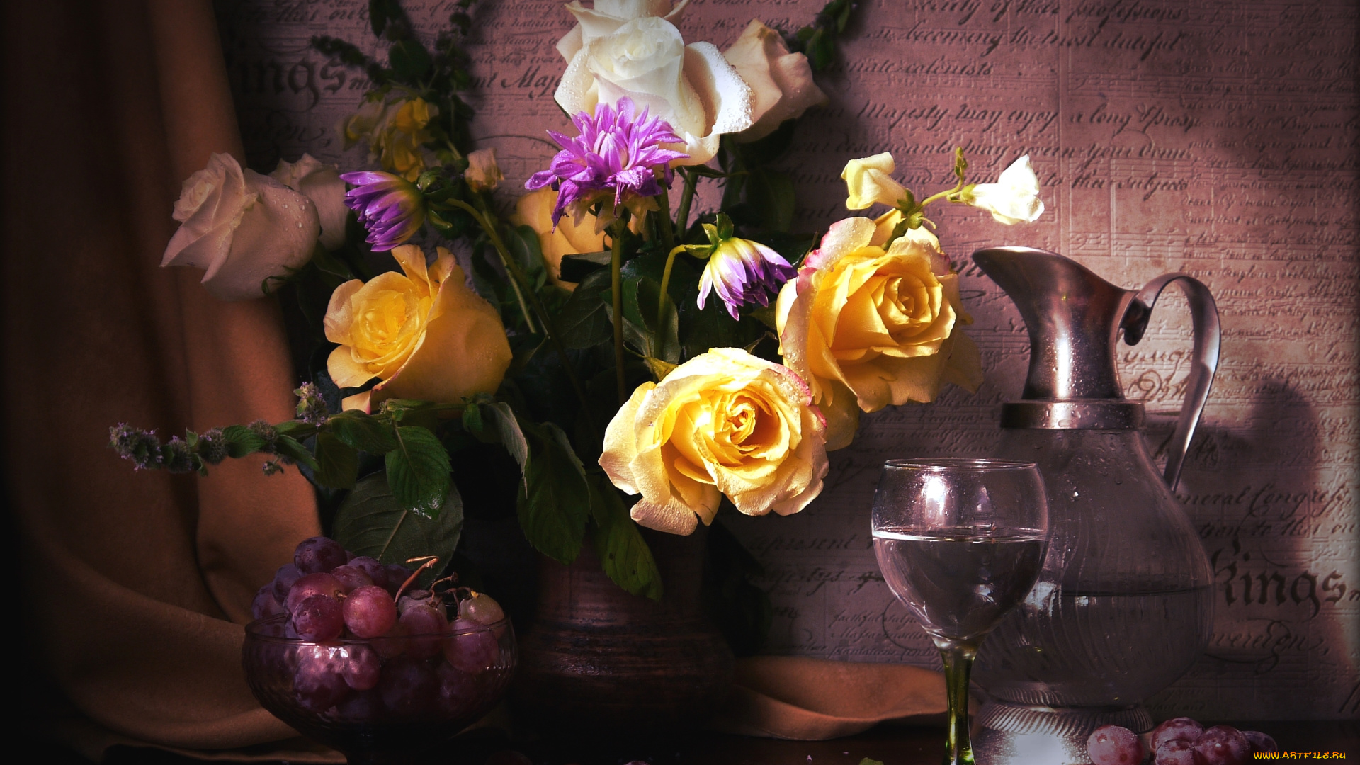 еда, натюрморт, вино, виноград, розы