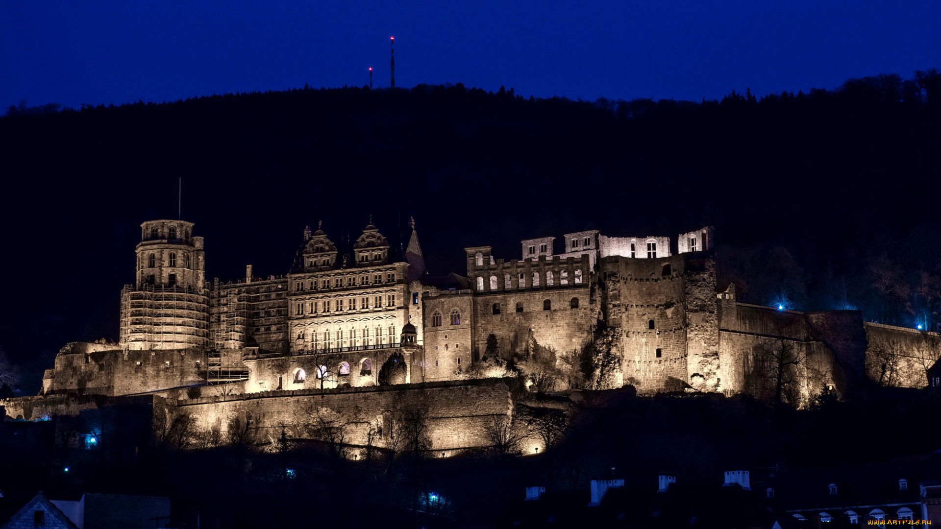 heidelburg, castle, германия, города, -, дворцы, , замки, , крепости, река, ночь, германия, огни, замок