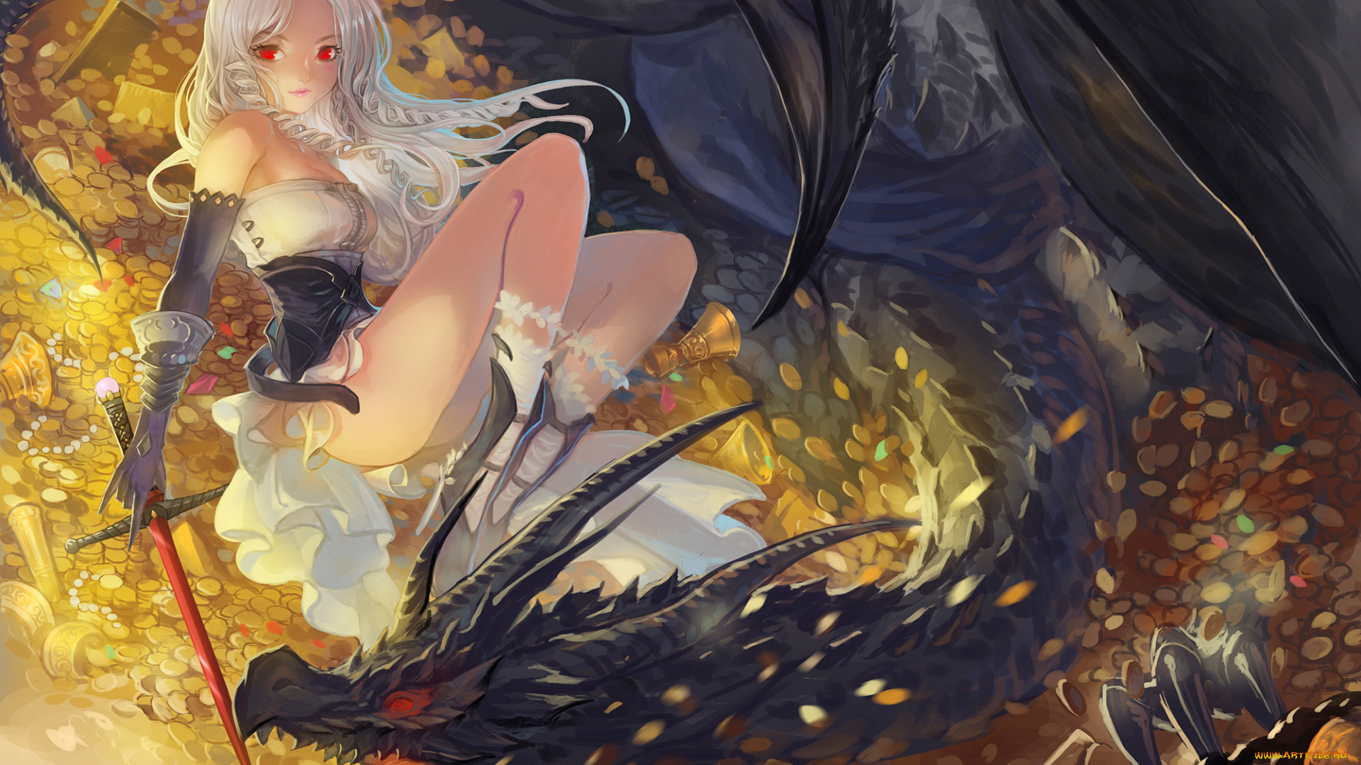 pixiv, fantasia, аниме, арт, монеты, корона, золото, дракон, девушка, pixiv, fantasia, quaanqin