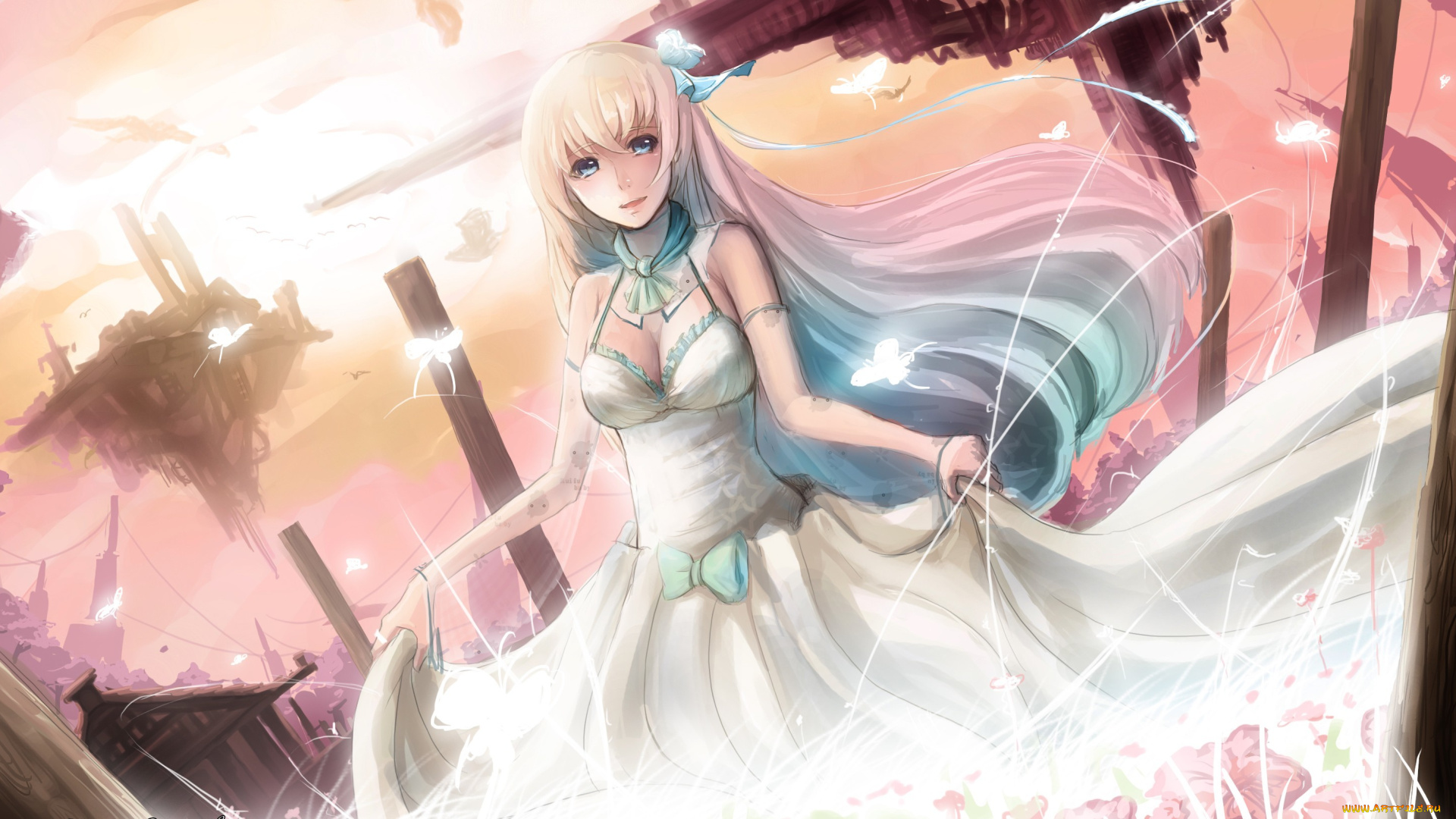 pixiv, fantasia, аниме, арт, pixiv, fantasia, sky, of, morika, скалы, города, бабочки, белое, платье, девушка