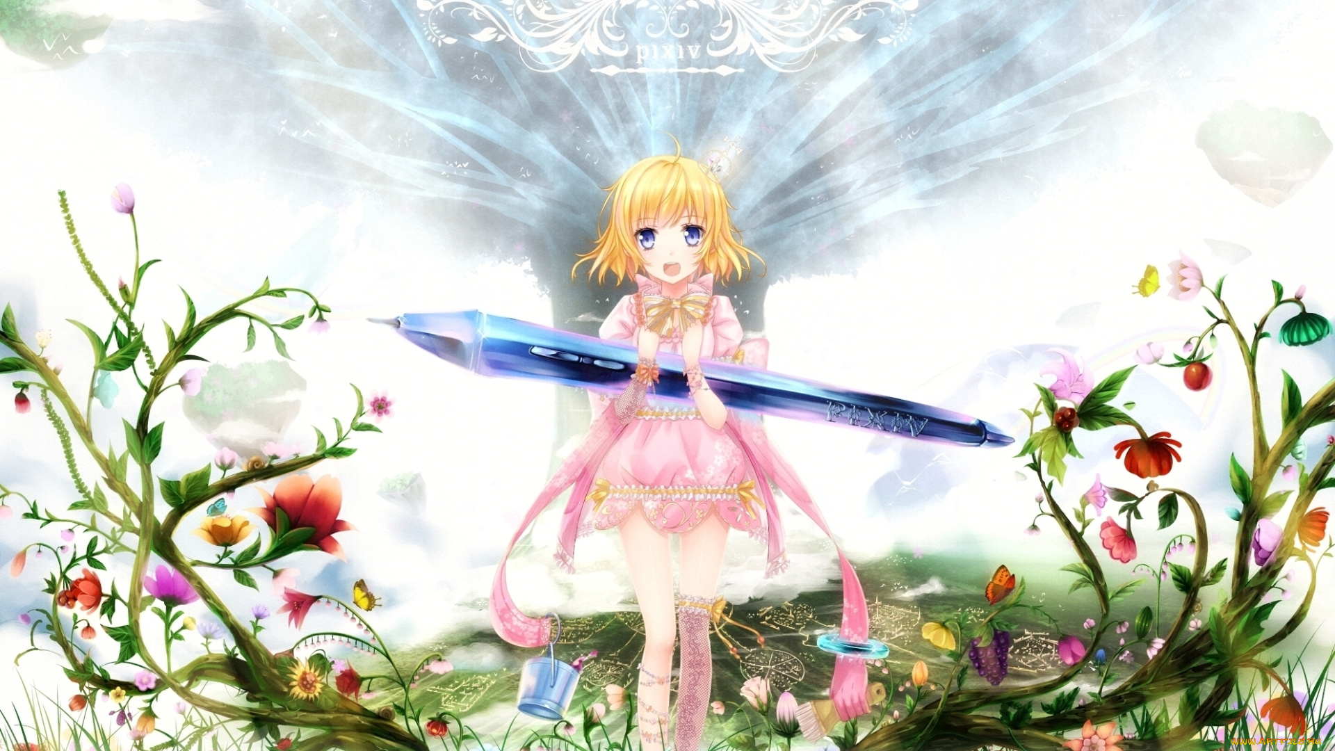 pixiv, fantasia, аниме, ручка, цветы, девушка, бант, pixiv, tan, swordsouls, лоли, арт