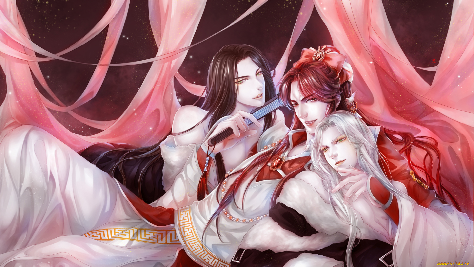 pixiv, fantasia, аниме, трое, ткань, парни, pixiv, dk, арт