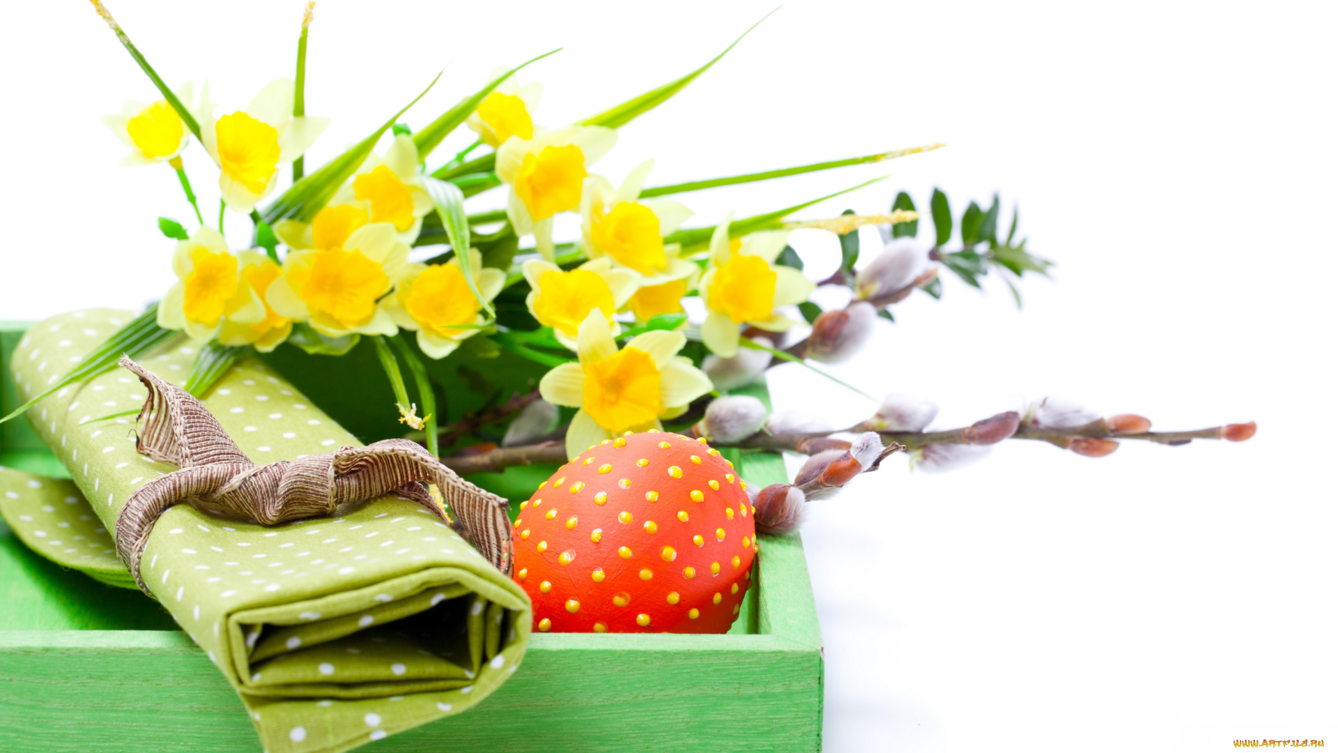 праздничные, пасха, белый, фон, цветы, нарциссы, коробка, яйца, праздник