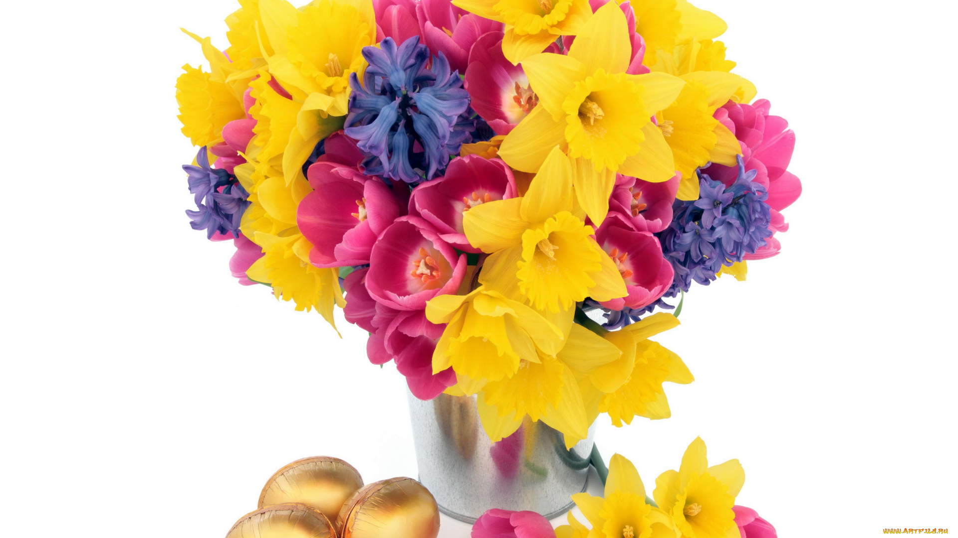 праздничные, пасха, тюльпаны, нарциссы, праздник, яйца, цветы, ведро, фон