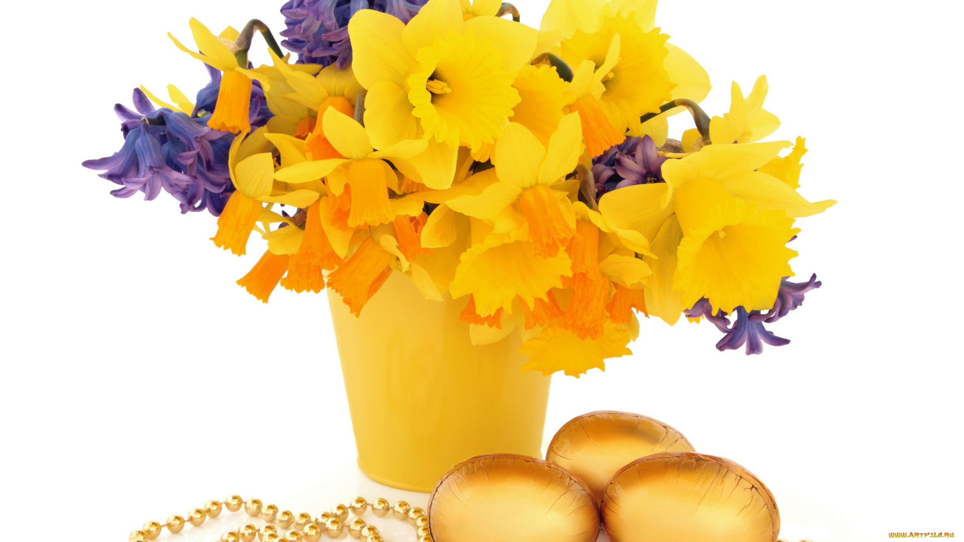 праздничные, пасха, яйца, праздник, тюльпаны, нарциссы, цветы, ведро, фон