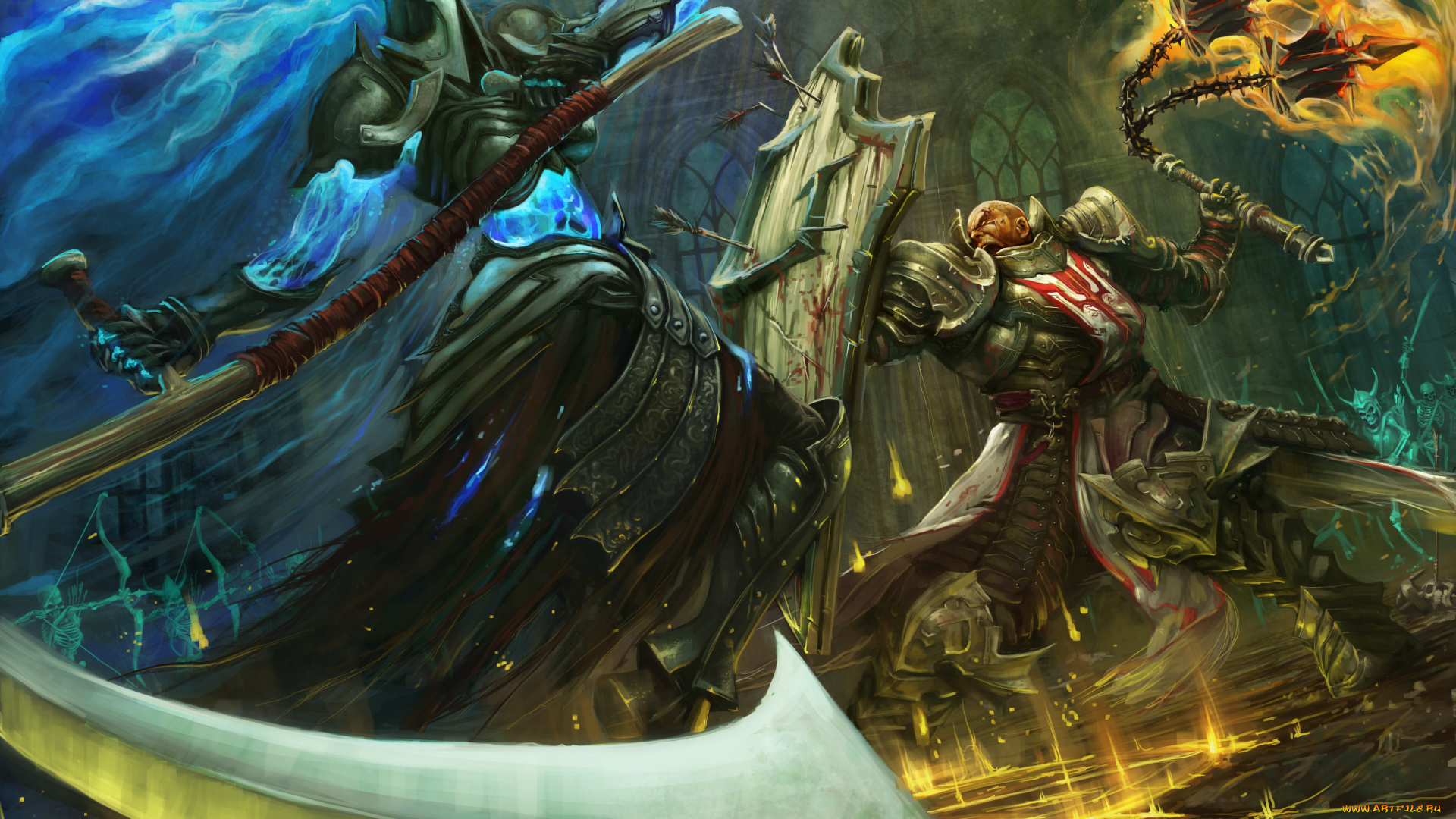 видео, игры, diablo, iii, , reaper, of, souls, бой, коса, сияние, щит, стрелы, огонь, искры, замах