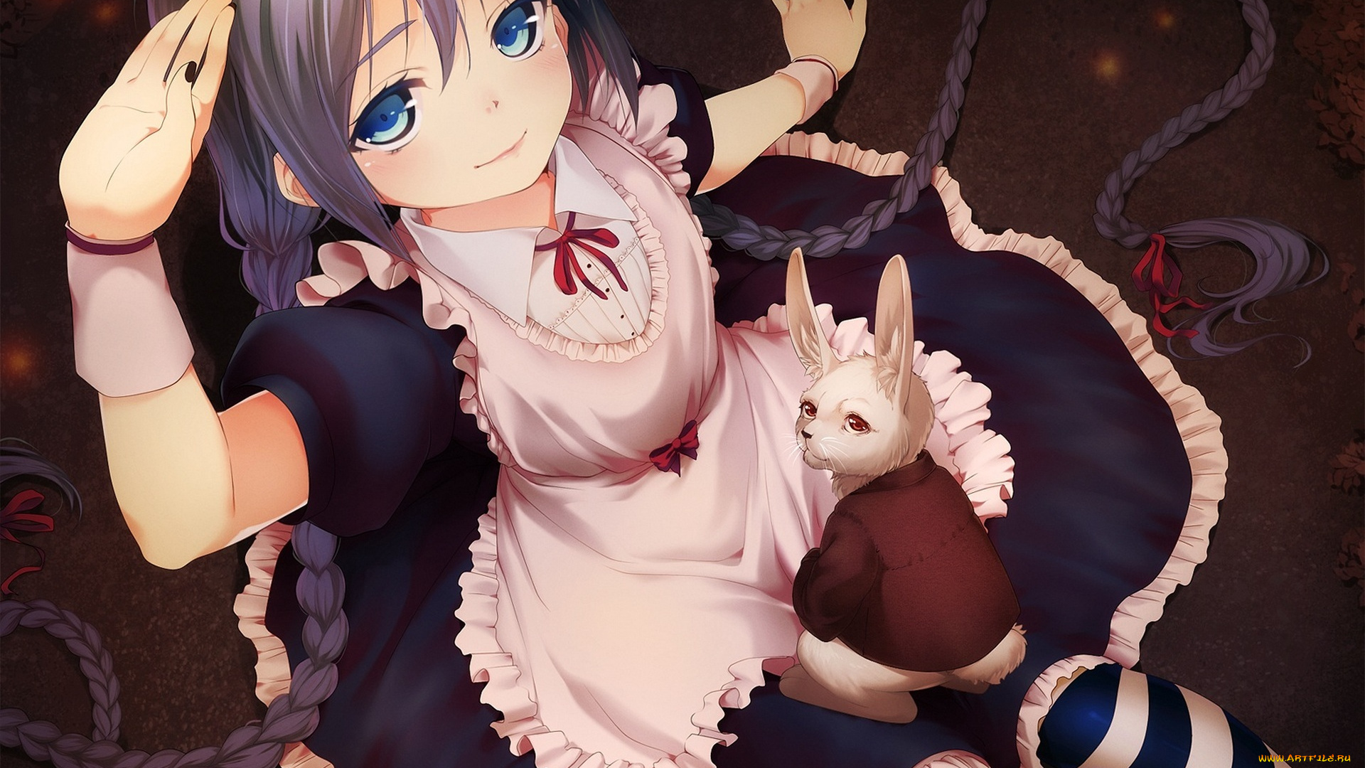 vocaloid, аниме, арт, eventh7, alice, in, wonderland, hatsune, miku, девушка, косички, кролик, вокалоид, cosplay