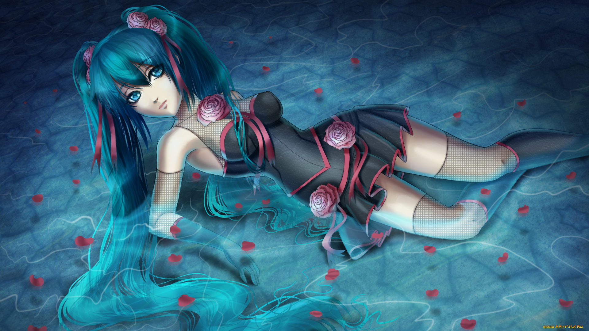 vocaloid, аниме, арт, hatsune, miku, девушка, лежа, вода, розы, цветы, лепестки