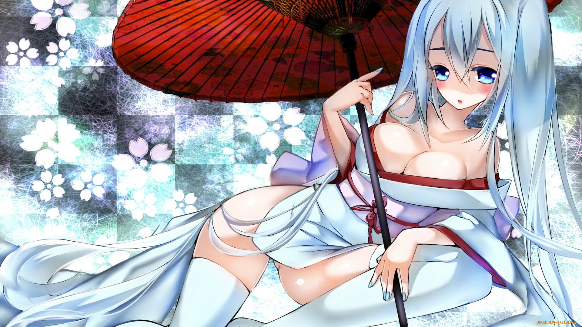 vocaloid, аниме, арт, himari0812, hatsune, miku, девушка, зонт, кимоно, вокалоид, лежит