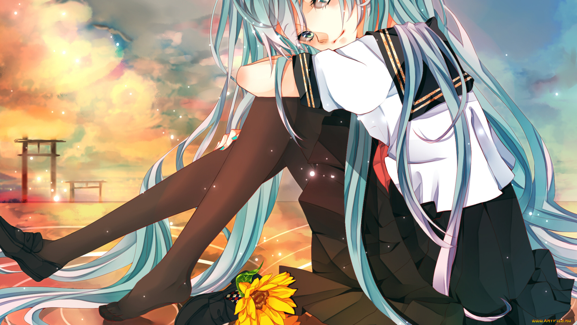 vocaloid, аниме, арт, isagot, hatsune, miku, девушка, школьница, форма, вокалоид, вода, небо, облака, подсолнух, цветок