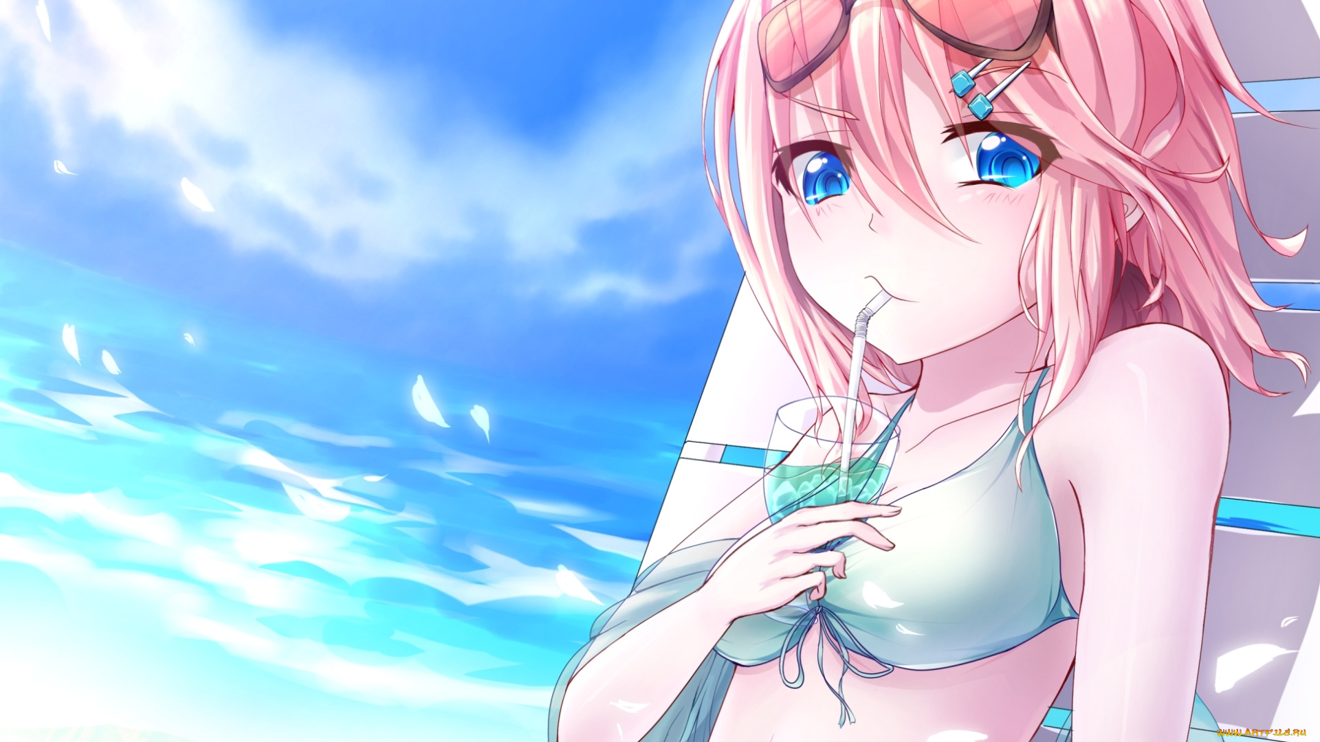 vocaloid, аниме, art, напиток, вокалоид, море, шезлонг, грудь, смущение, недовольство, взгляд, kagamine, rin, девушка, mamome