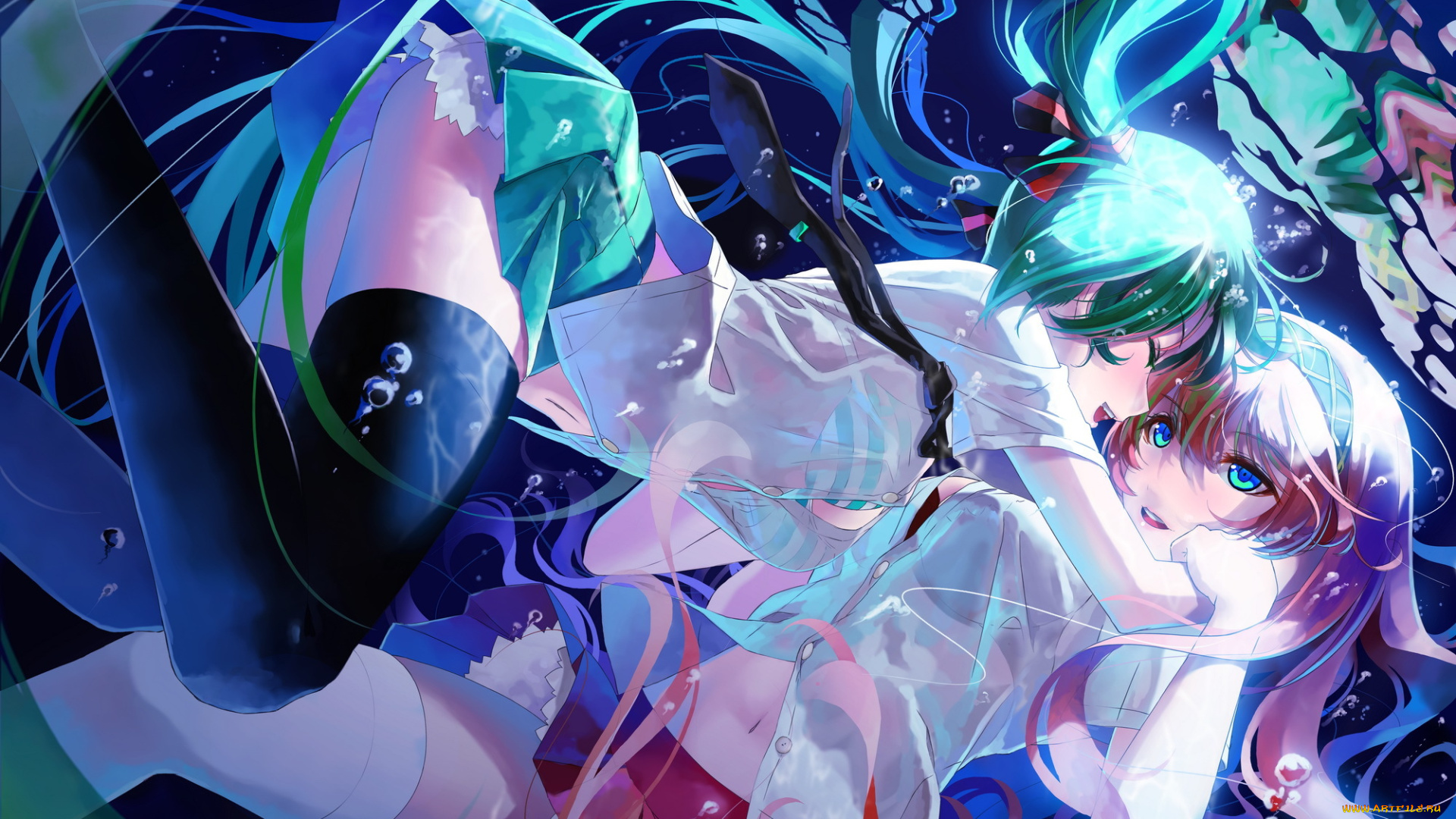 vocaloid, аниме, арт, okingjo, hatsune, mik, megurine, luka, девушки, объятия, пузыри, вокалоид, под, водой