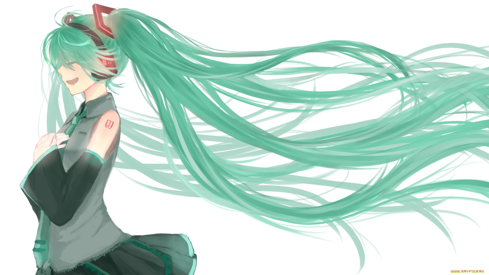 vocaloid, аниме, белый, фон, закрытые, глаза, длинные, волосы, профиль, девушка, yugoe, улыбка, hatsune, miku