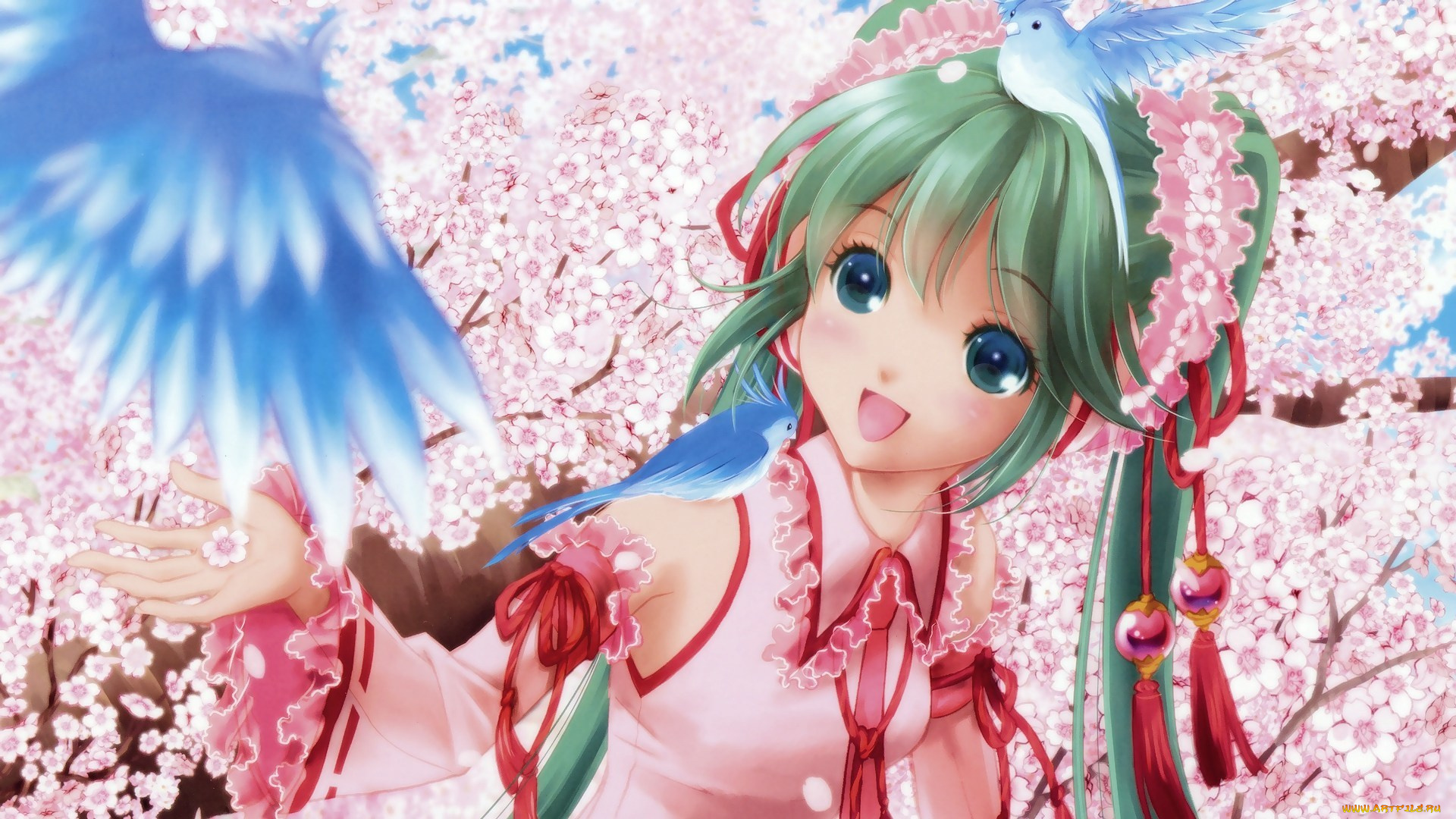 vocaloid, аниме, деревья, hatsune, miku, арт, сакура, птички, девушка, вокалоид
