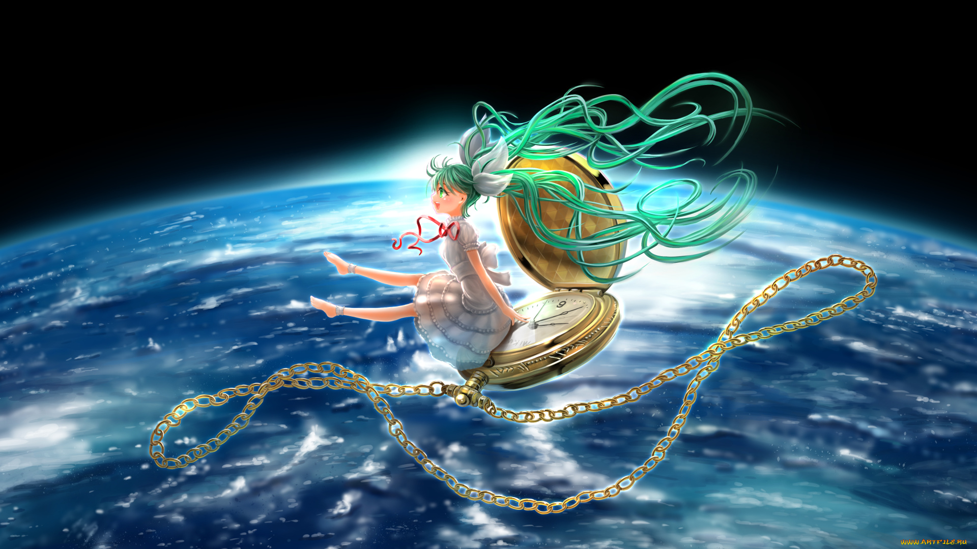 vocaloid, аниме, fengzi, планета, земля, космос, вокалоид, цепочка, часы, девушка, hatsune, miku, лента, банты