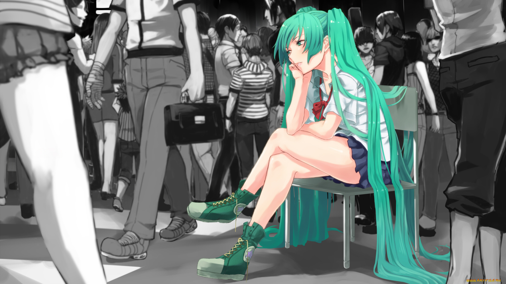 vocaloid, аниме, форма, школьница, люди, толпа, девушка, hatsune, miku, стул, вокалоид, арт