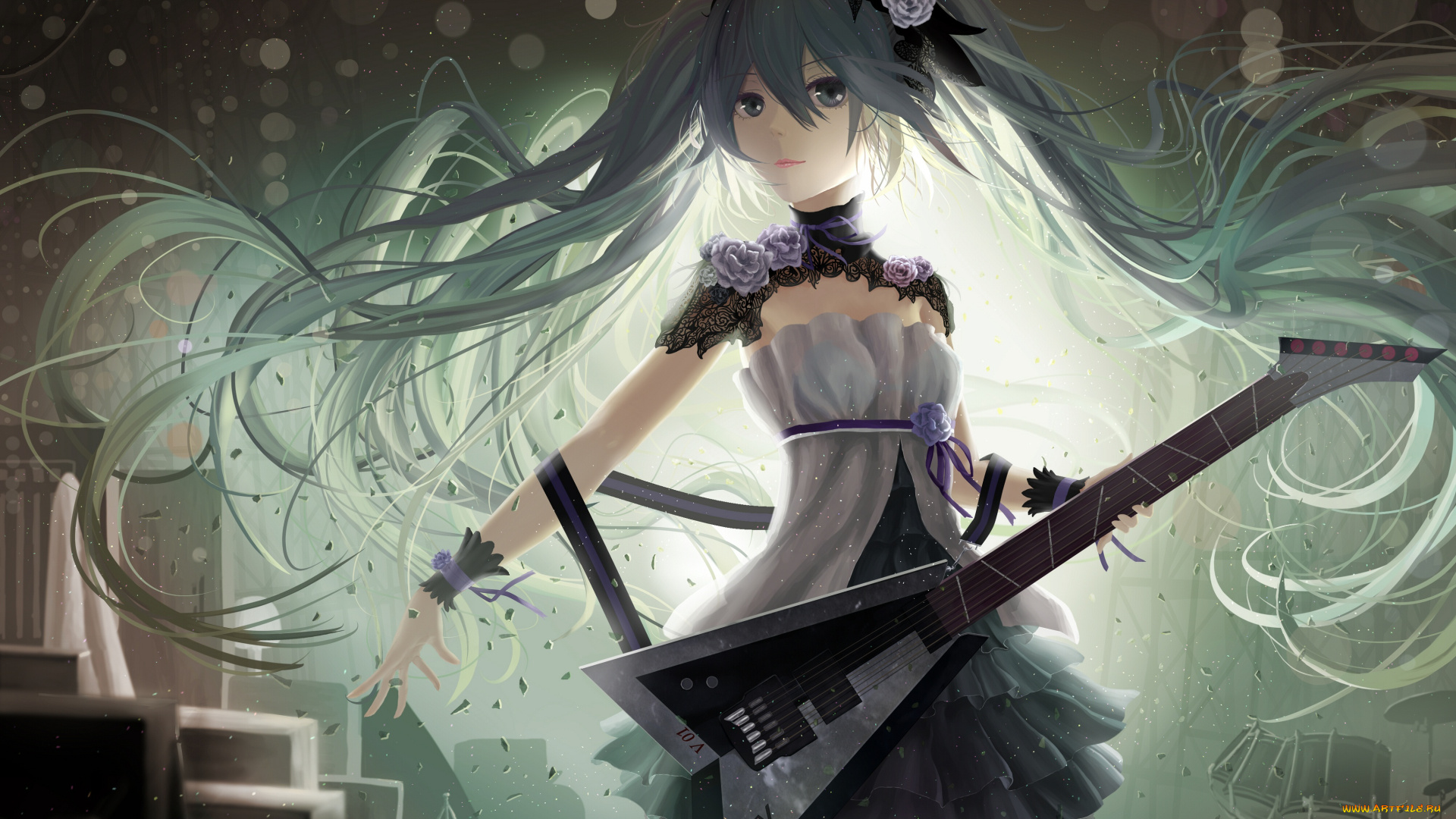 vocaloid, аниме, hatsune, miku, девушка, вокалоид, игра, город, музыка, гитара, улыбка, взгляд, art