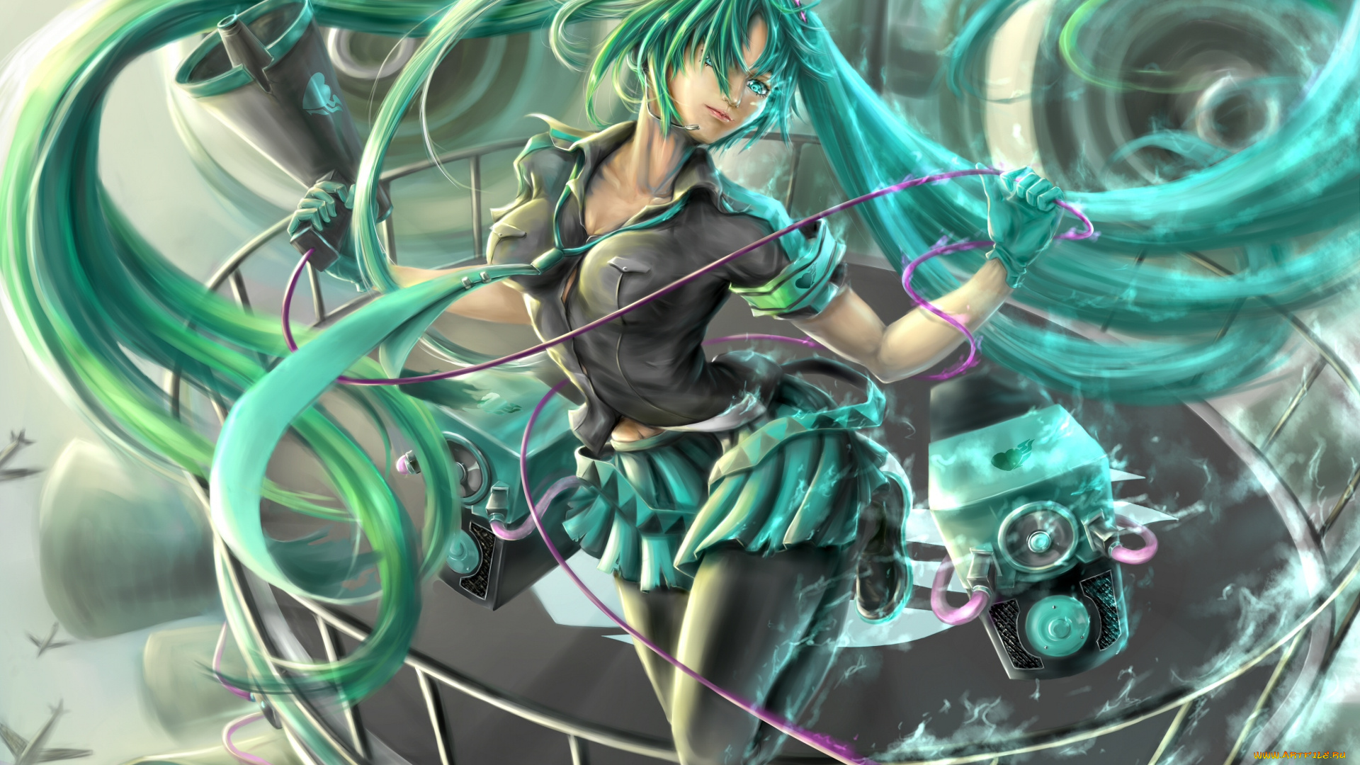 vocaloid, аниме, hatsune, miku, девушка, взгляд, zhongjian, fuquan, art, колонки, вокалоид, самолеты, рупор, улыбка