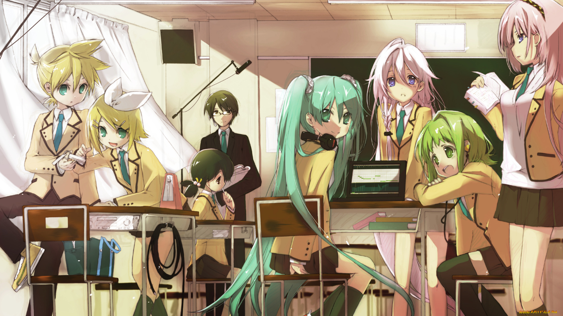 vocaloid, аниме, ia, hekicha, kagamine, rin, len, hiyama, kiyoteru, kaai, yuki, gumi, hatsune, miku, арт, megurine, luka, девушки, парни, класс, вокалоид, парты, наушники, книга, очки, ноутбук, провода, школьники, форма