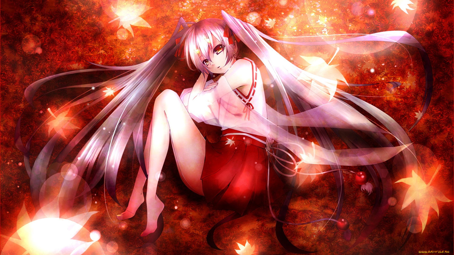 vocaloid, аниме, листья, девушка, hatsune, miku, itsuneko, арт, вокалоид, осень