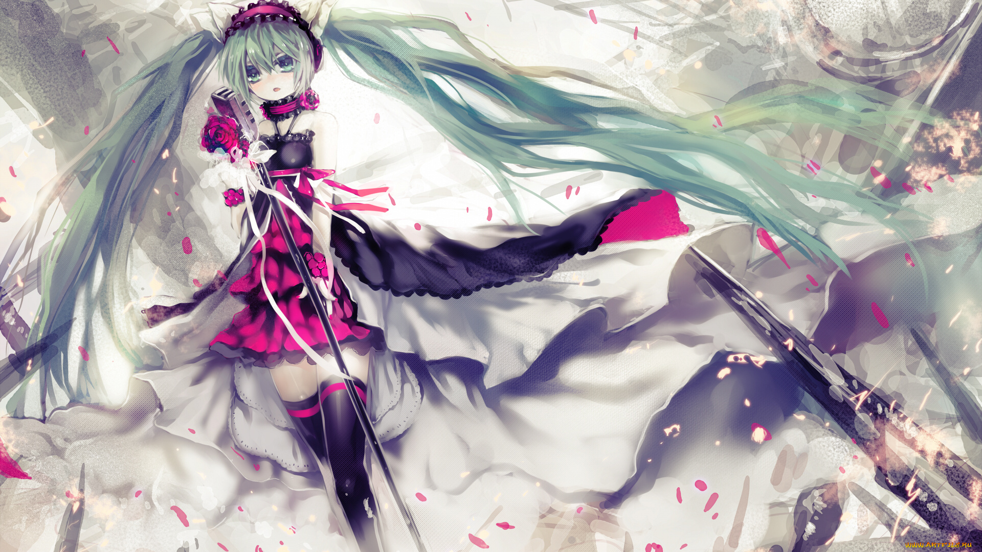 vocaloid, аниме, наушники, hatsune, miku, цветы, вокалоид, розы, лепестки, микрофон, девушка, ушки, 7th, dragon, utm, арт