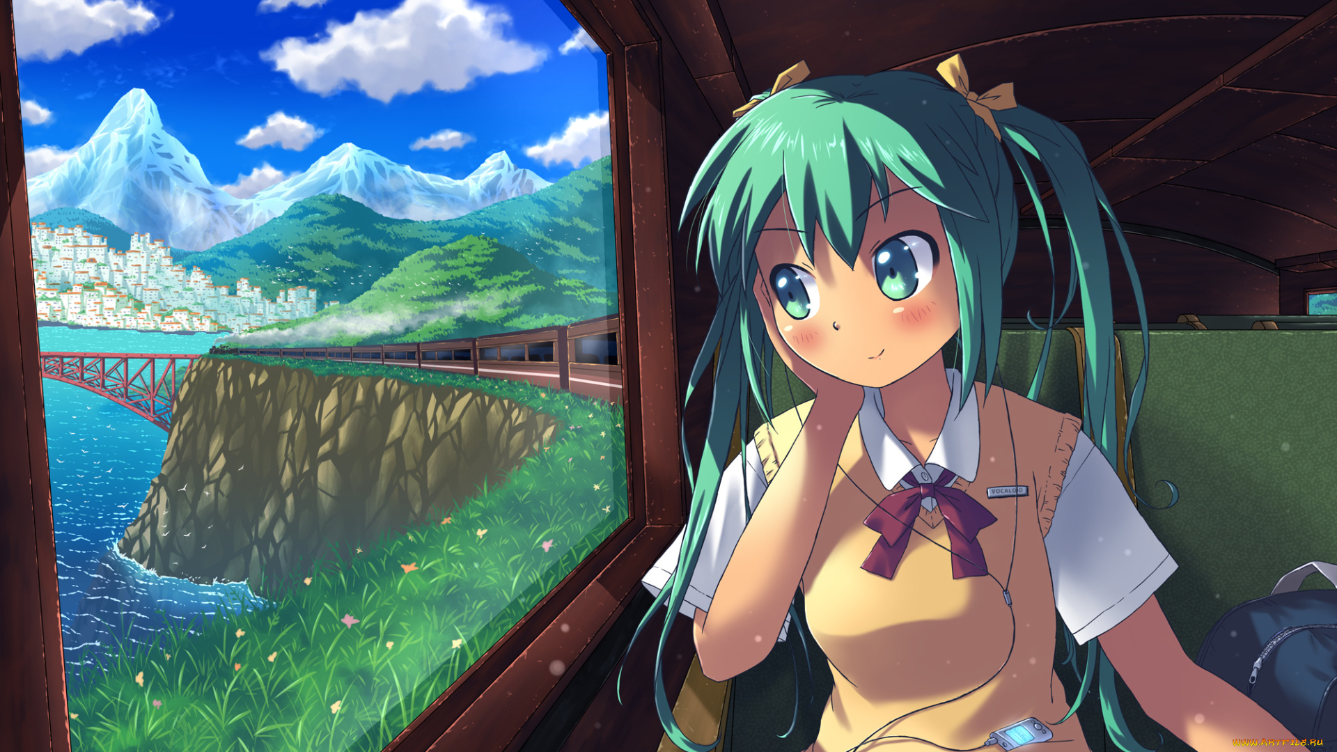 vocaloid, аниме, наушники, плеер, облака, небо, вода, hatsune, miku, akisorapx, арт, форма, поезд, природа, город, окно, школьница, вокалоид, мост, сумка, девушка, провода