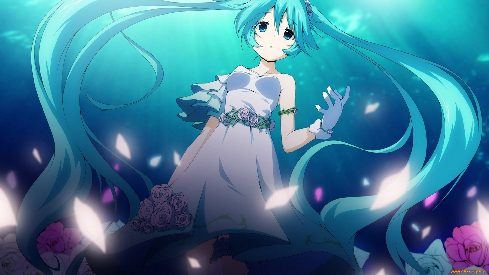 vocaloid, аниме, подвязка, девушка, hatsune, miku, лепестки, цветы, yuzuki, kei, арт, вокалоид