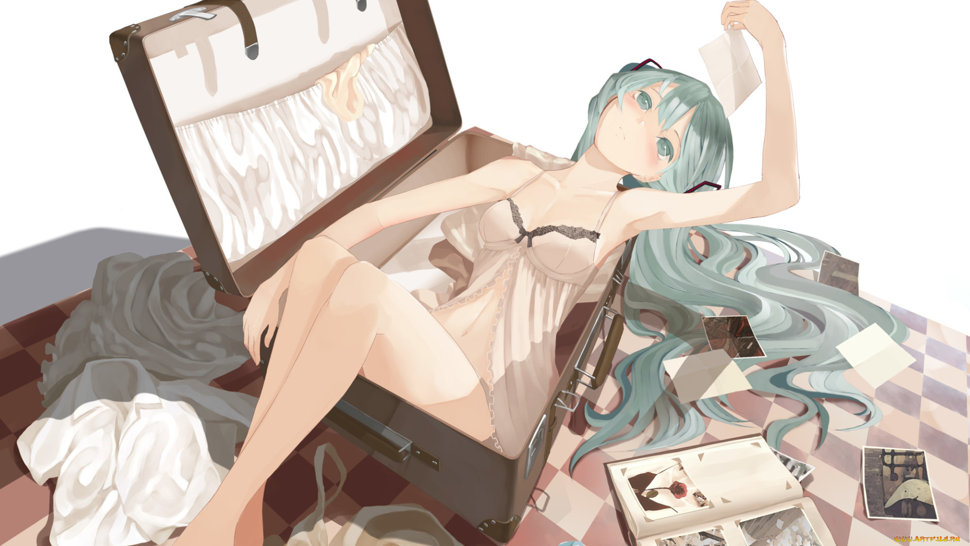 vocaloid, аниме, throtem, девушка, art, вокалоид, фотографии, альбом, вещи, чемодан, лежит, поза, hatsune, miku