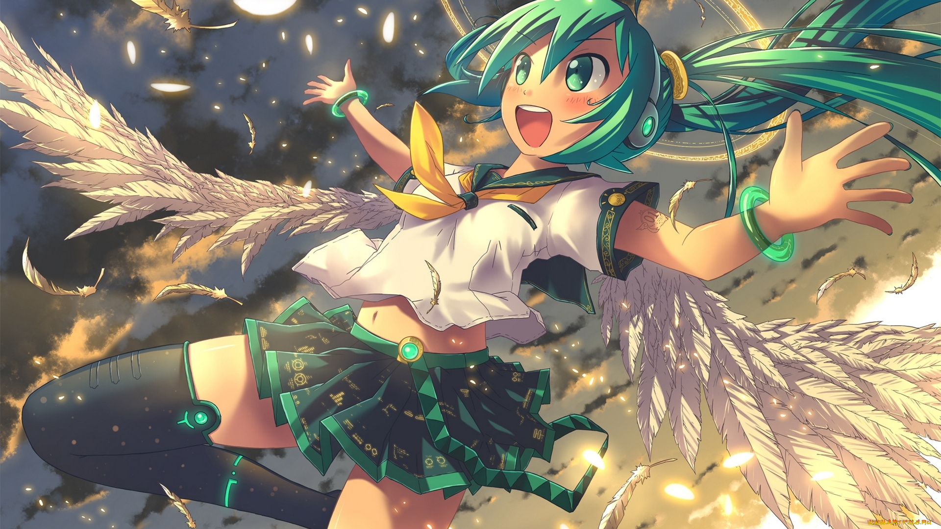 vocaloid, аниме, вокалоид, akisorapx, арт, закат, нимб, облака, небо, радость, перья, крылья, hatsune, miku, девушка