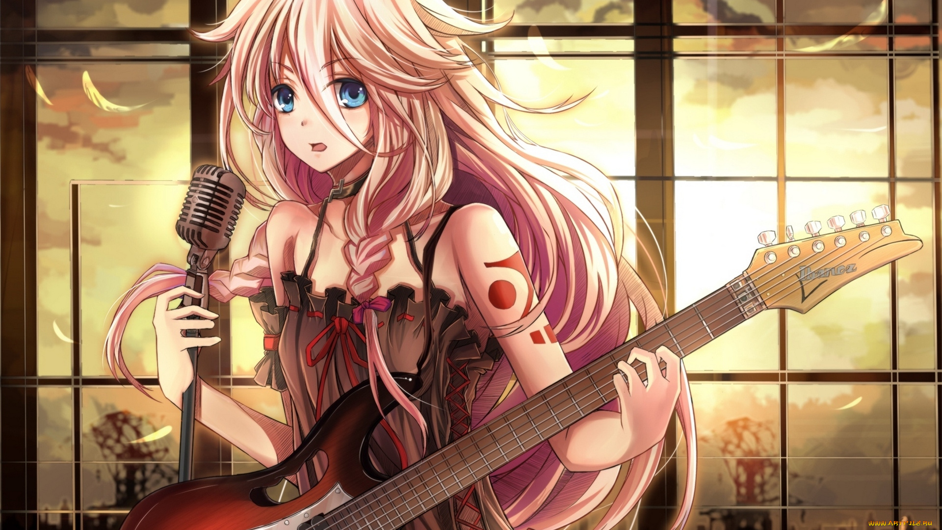vocaloid, аниме, закат, микрофон, девушка, ia, вокалоид, косички, облака, небо, jianren, гитара, перья, арт