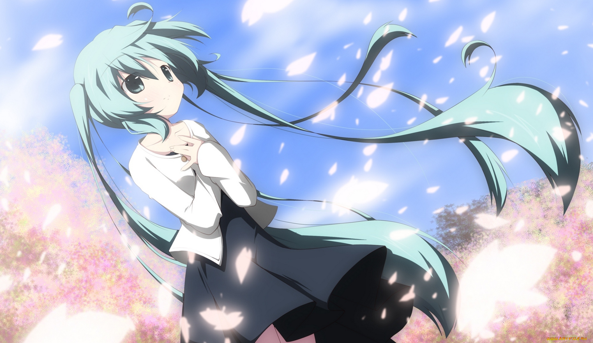 vocaloid, аниме, облака, небо, деревья, лепестки, вокалоид, сакура, hatsune, miku, девушка, yuzuki, kei, арт