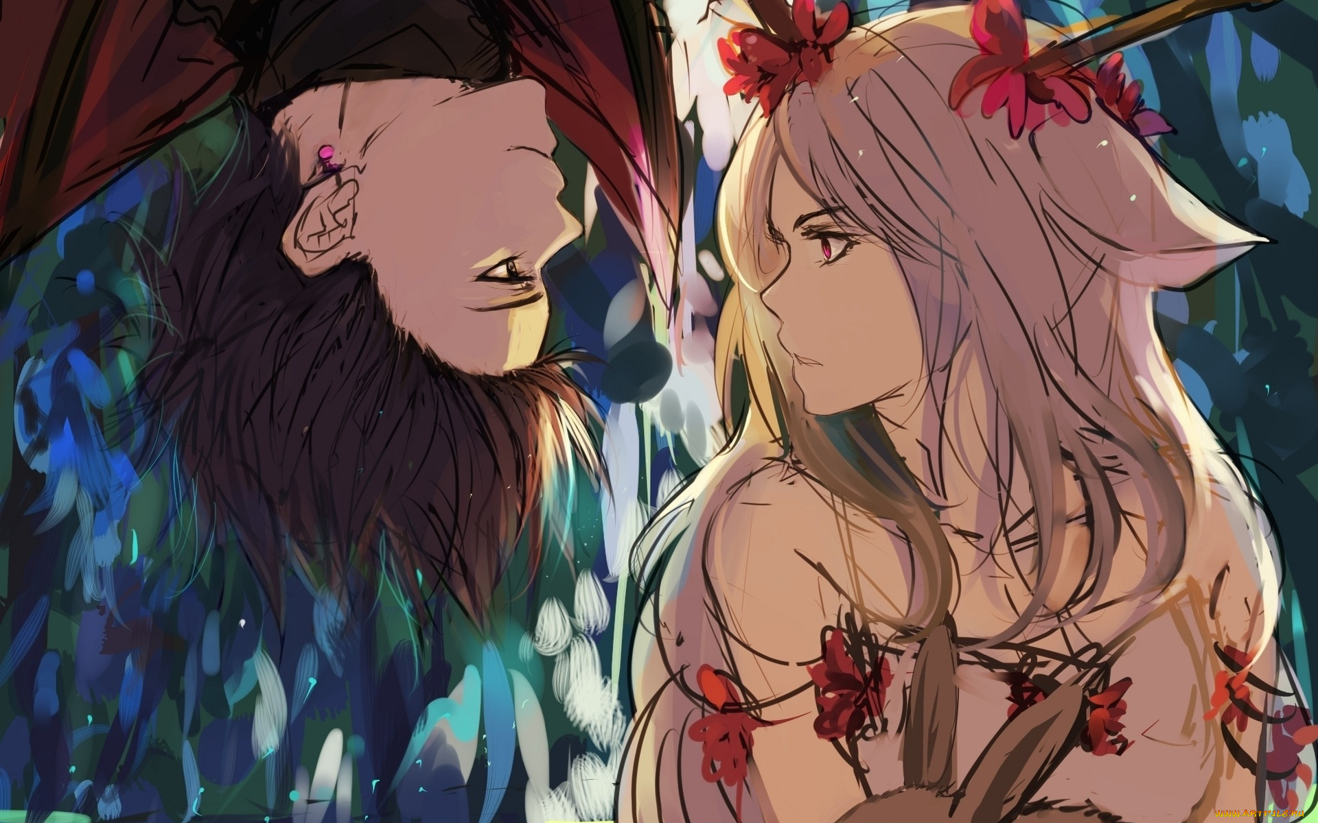 аниме, -animals, девушка, цветы, парень, пара, арт