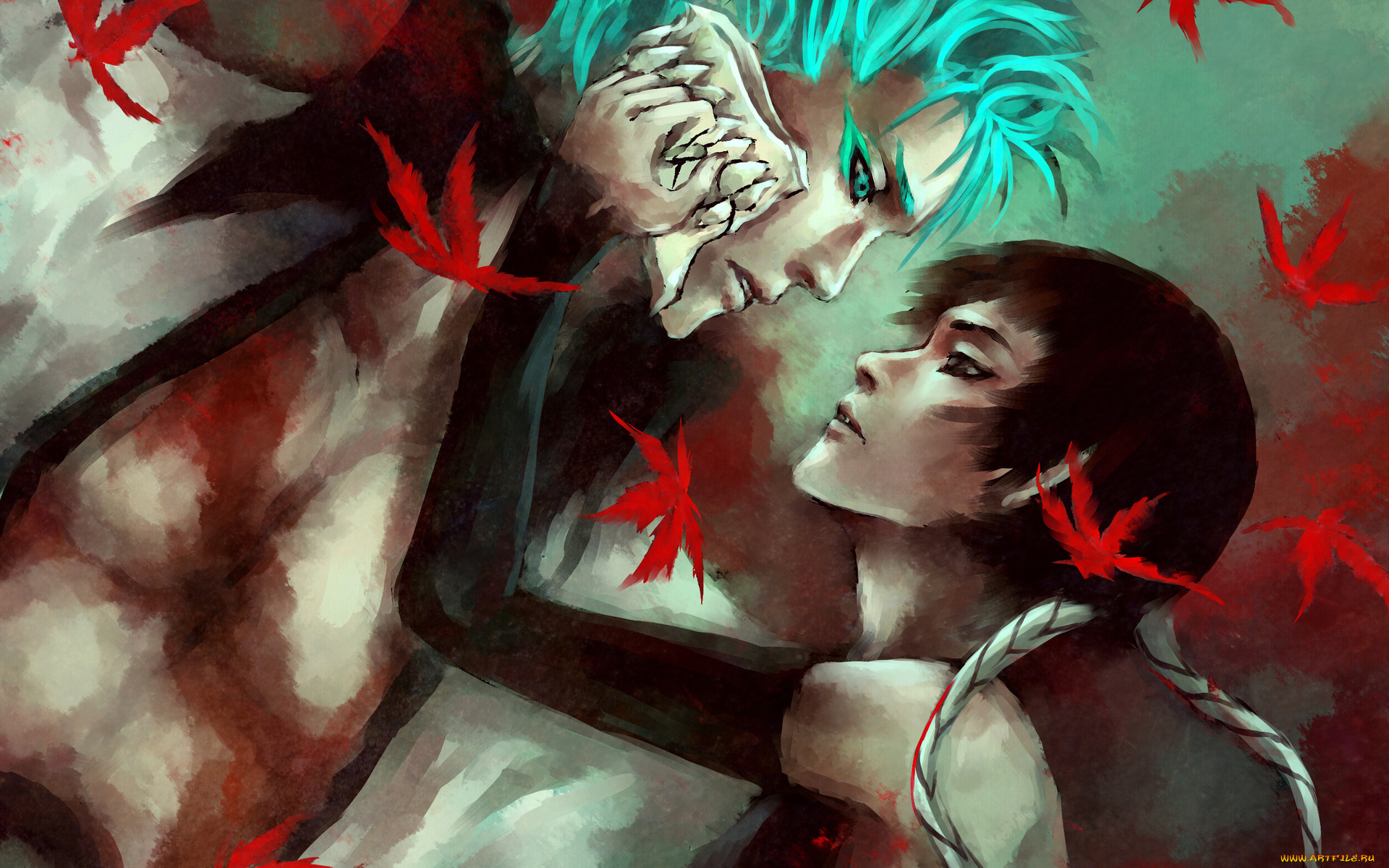 аниме, bleach, гримджоу, джагерджак, арт, парень, девушка, листья