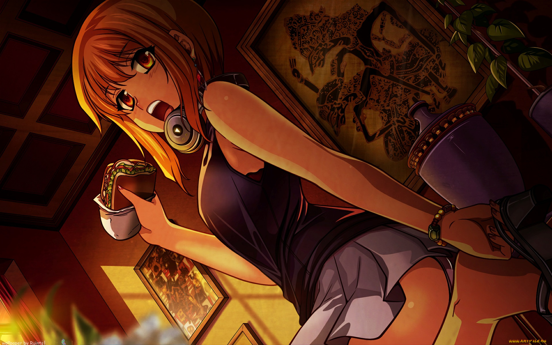 freezing, аниме, туфля, картинв, наушники, бутерброд, девушка, bonaparte, ваза