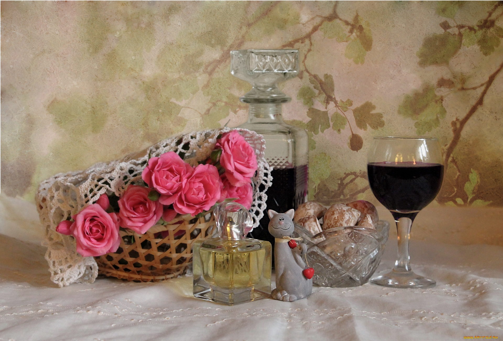 еда, натюрморт, наливка, печенье, розы, котик