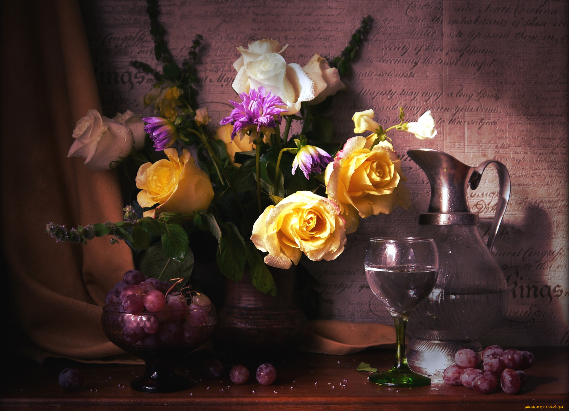 еда, натюрморт, вино, виноград, розы