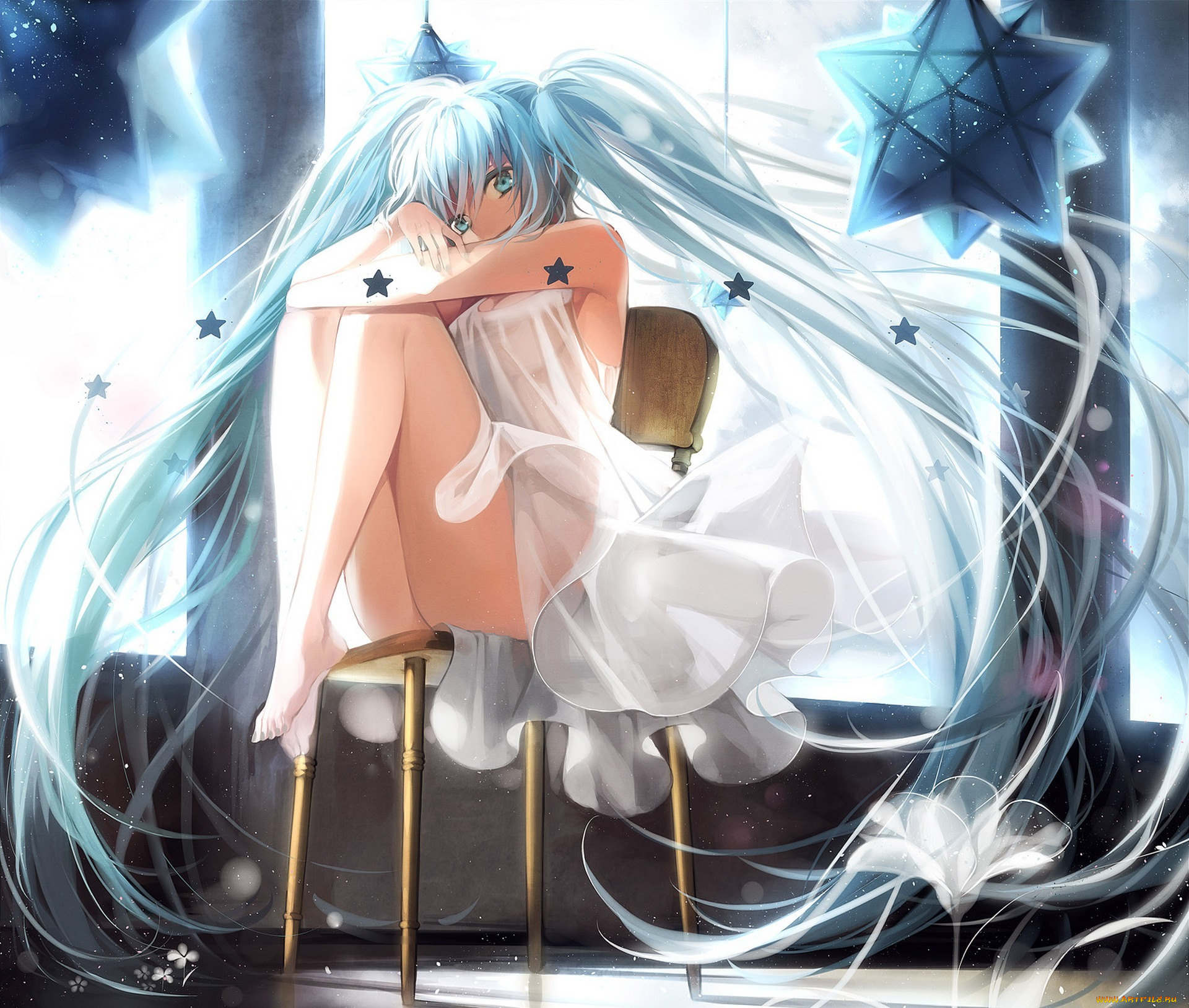 vocaloid, аниме, art, tiahszld, девушка, hatsune, miku, взгляд, улыбка, сидит, стул, магия, вокалоид