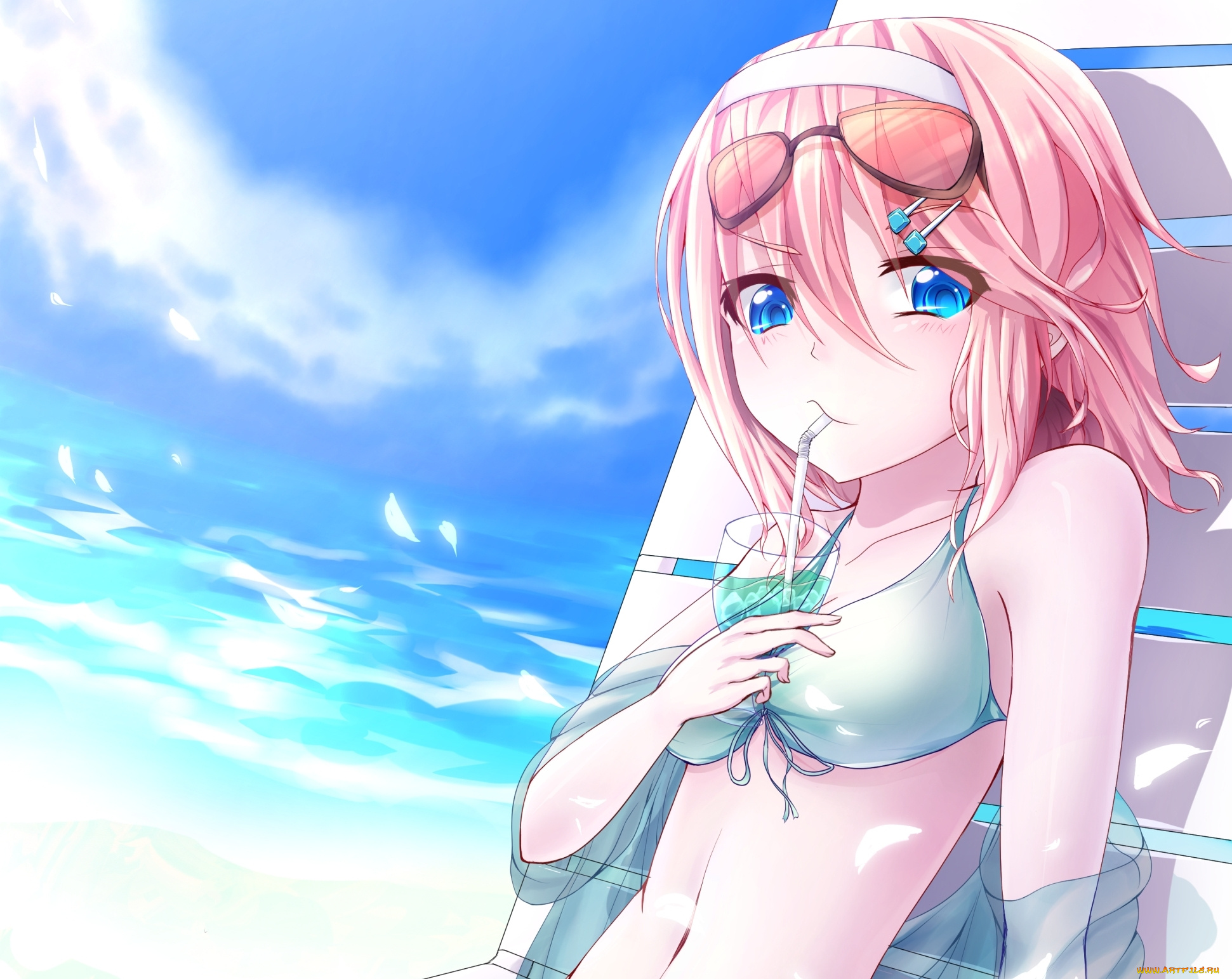 vocaloid, аниме, art, напиток, вокалоид, море, шезлонг, грудь, смущение, недовольство, взгляд, kagamine, rin, девушка, mamome