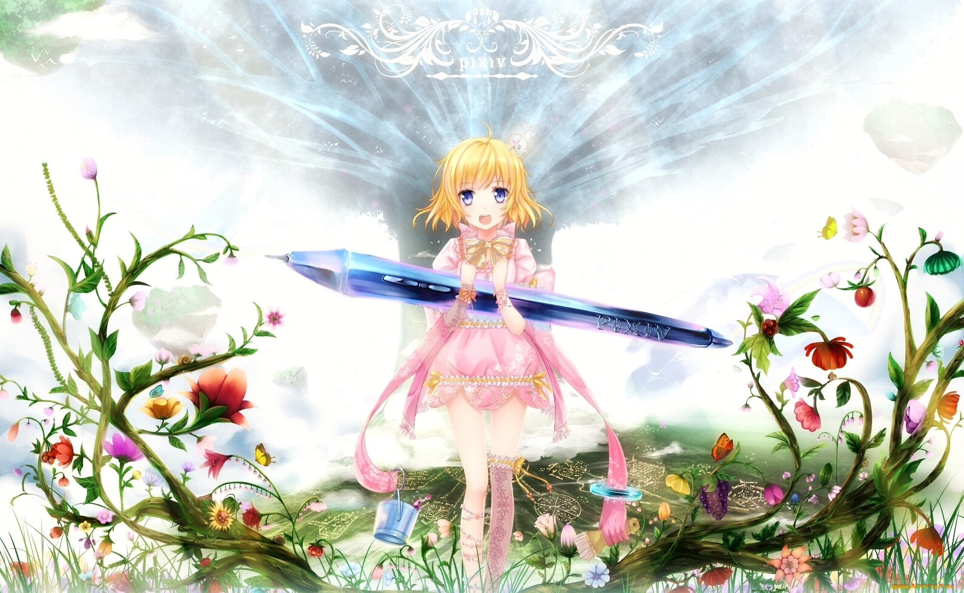 pixiv, fantasia, аниме, ручка, цветы, девушка, бант, pixiv, tan, swordsouls, лоли, арт