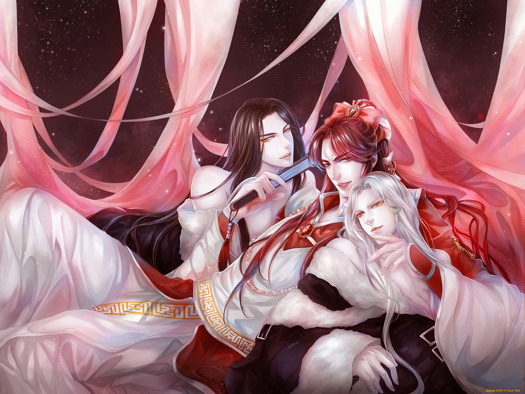 pixiv, fantasia, аниме, трое, ткань, парни, pixiv, dk, арт