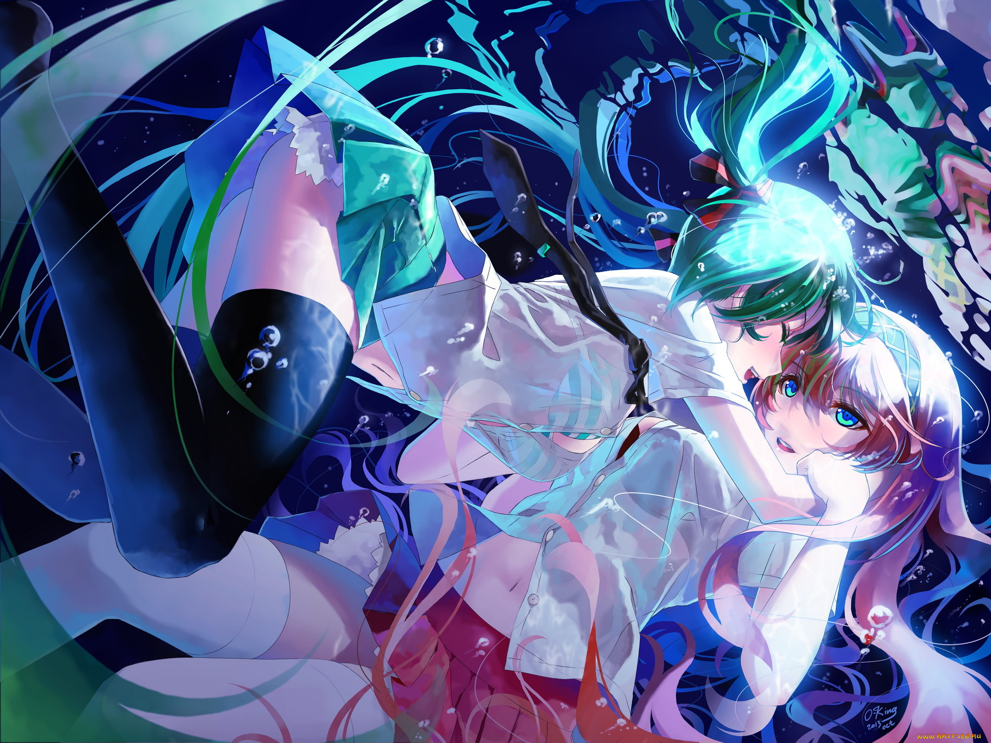 vocaloid, аниме, арт, okingjo, hatsune, mik, megurine, luka, девушки, объятия, пузыри, вокалоид, под, водой