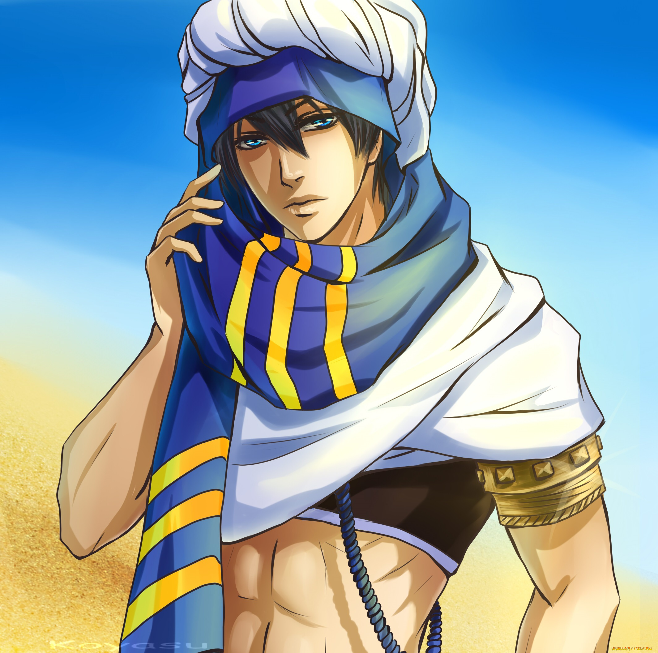 аниме, free, парень, арт, небо, взгляд, песок, шарф, брюнет