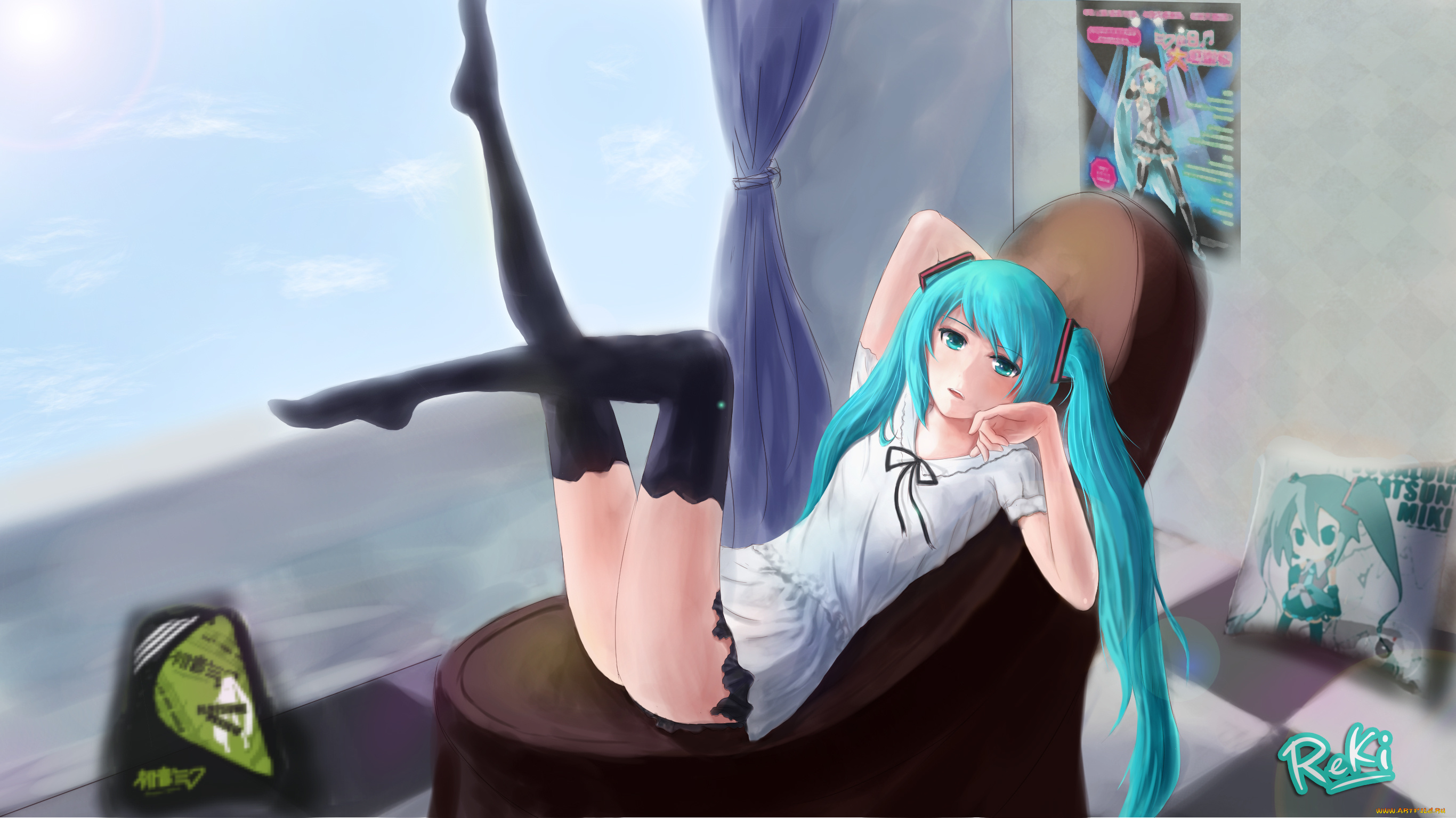 vocaloid, аниме, девушка, взгляд, hatsune, miku, reki, art, вокалоид, удивление, лежит, комната