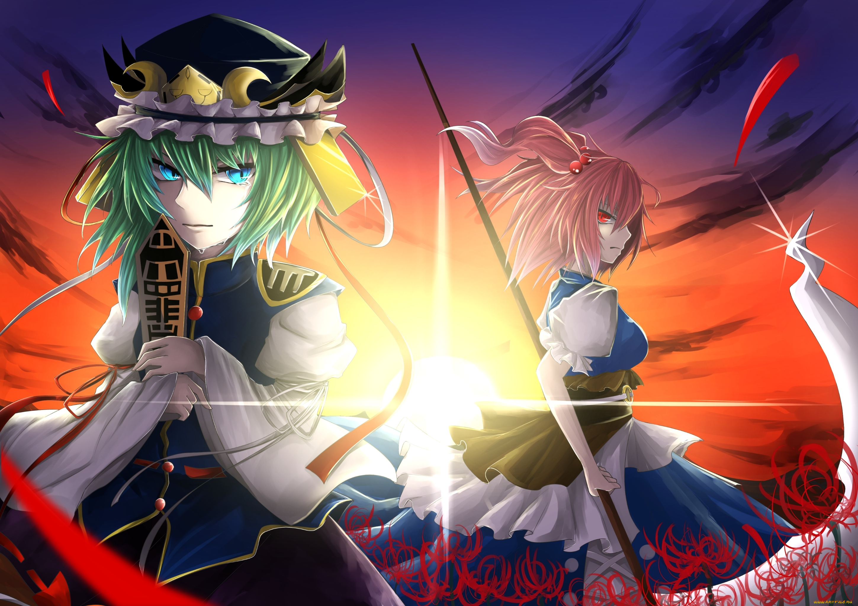 аниме, touhou, shikieiki, yamaxanadu, art, коса, слёзы, взгляд, девушки, onozuka, komachi, закат, облака, небо, цветы