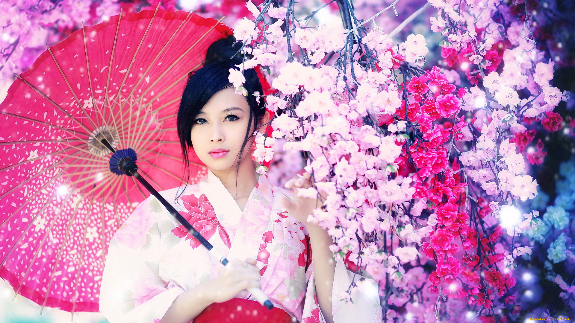 девушки, -unsort, , азиатки, зонт, макияж, взгляд, брюнетка, цветы, азиатка