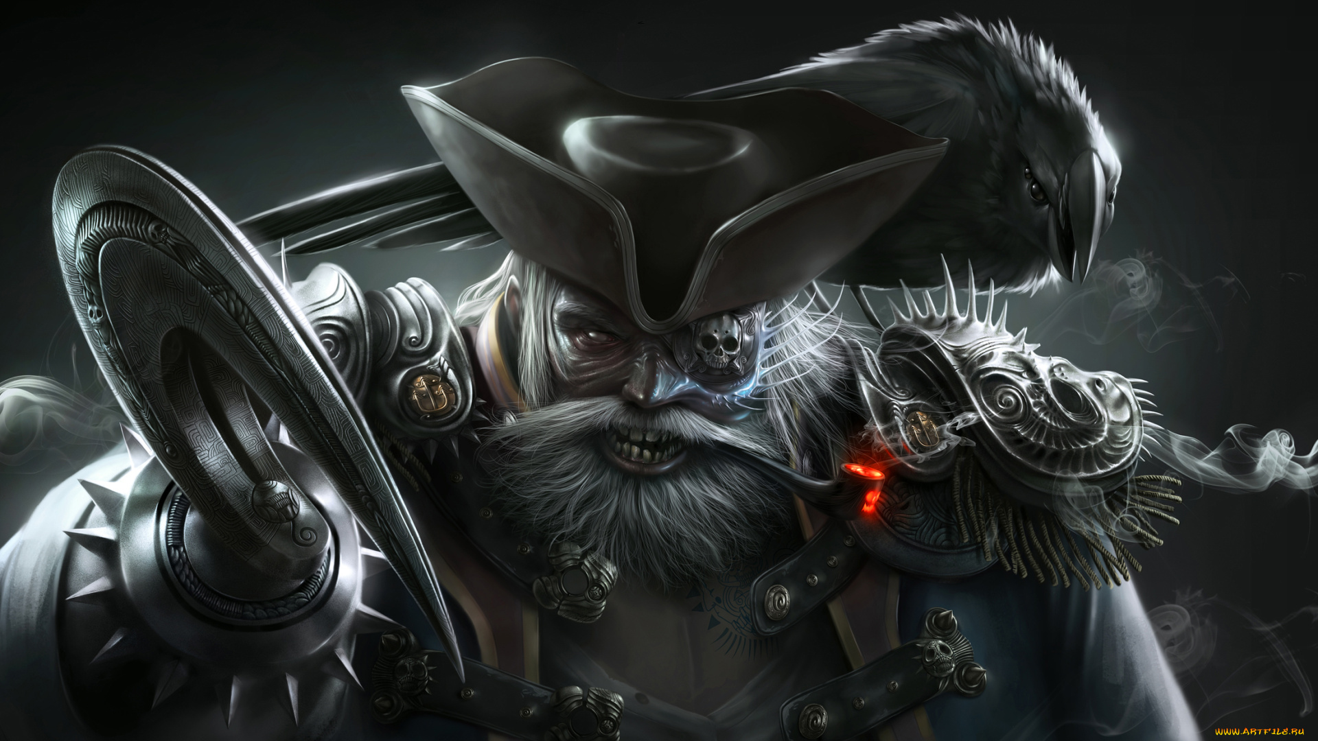 фэнтези, люди, шляпа, люлька, ворон, крюк, пират