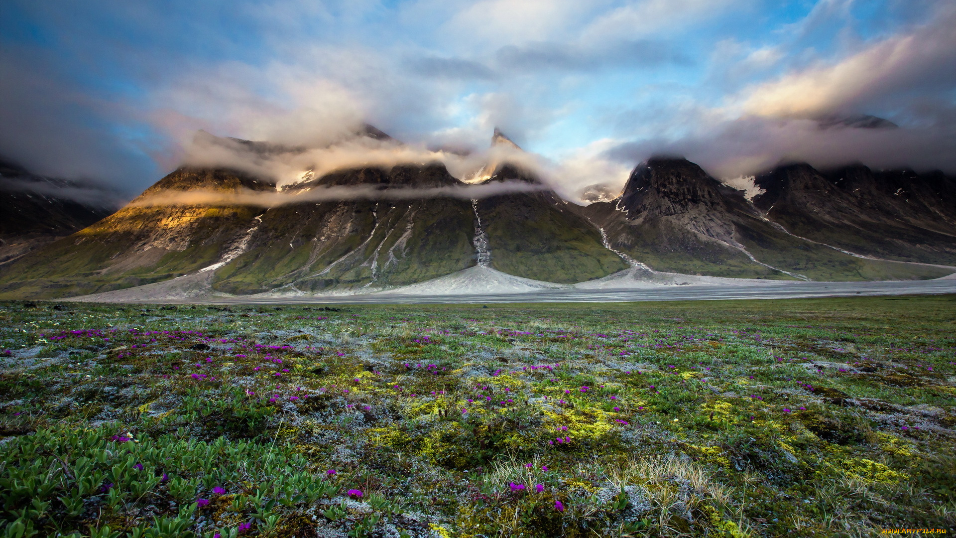 природа, горы, облака, снег, луг, гора