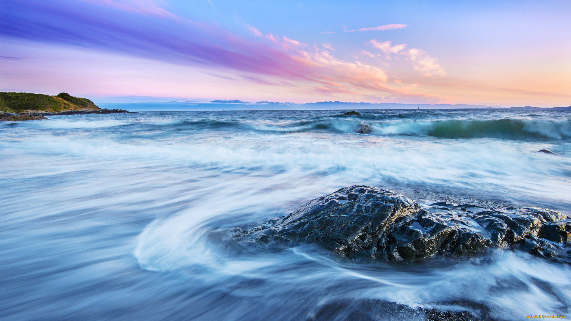 природа, побережье, море, камни, рассвет, волны