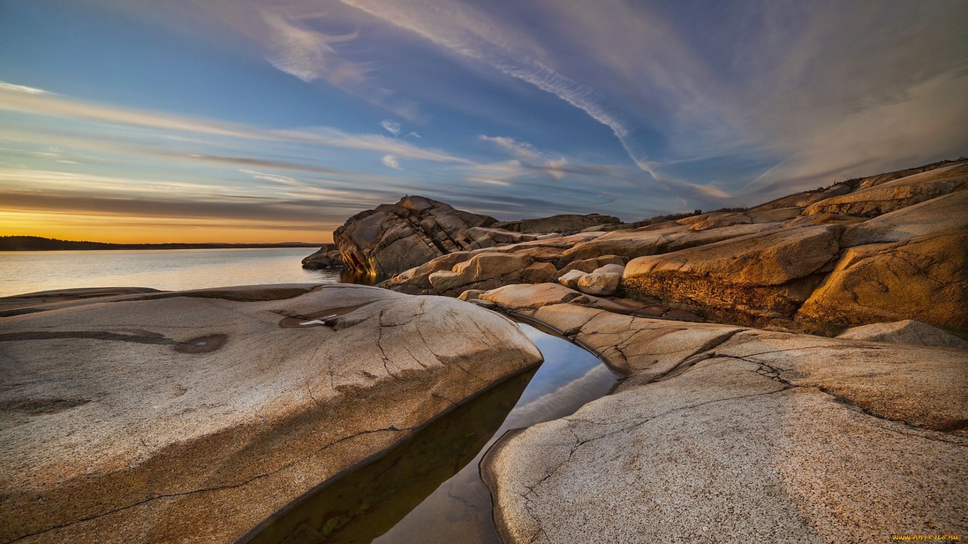 природа, побережье, океан, скала, утро, камни, рассвет