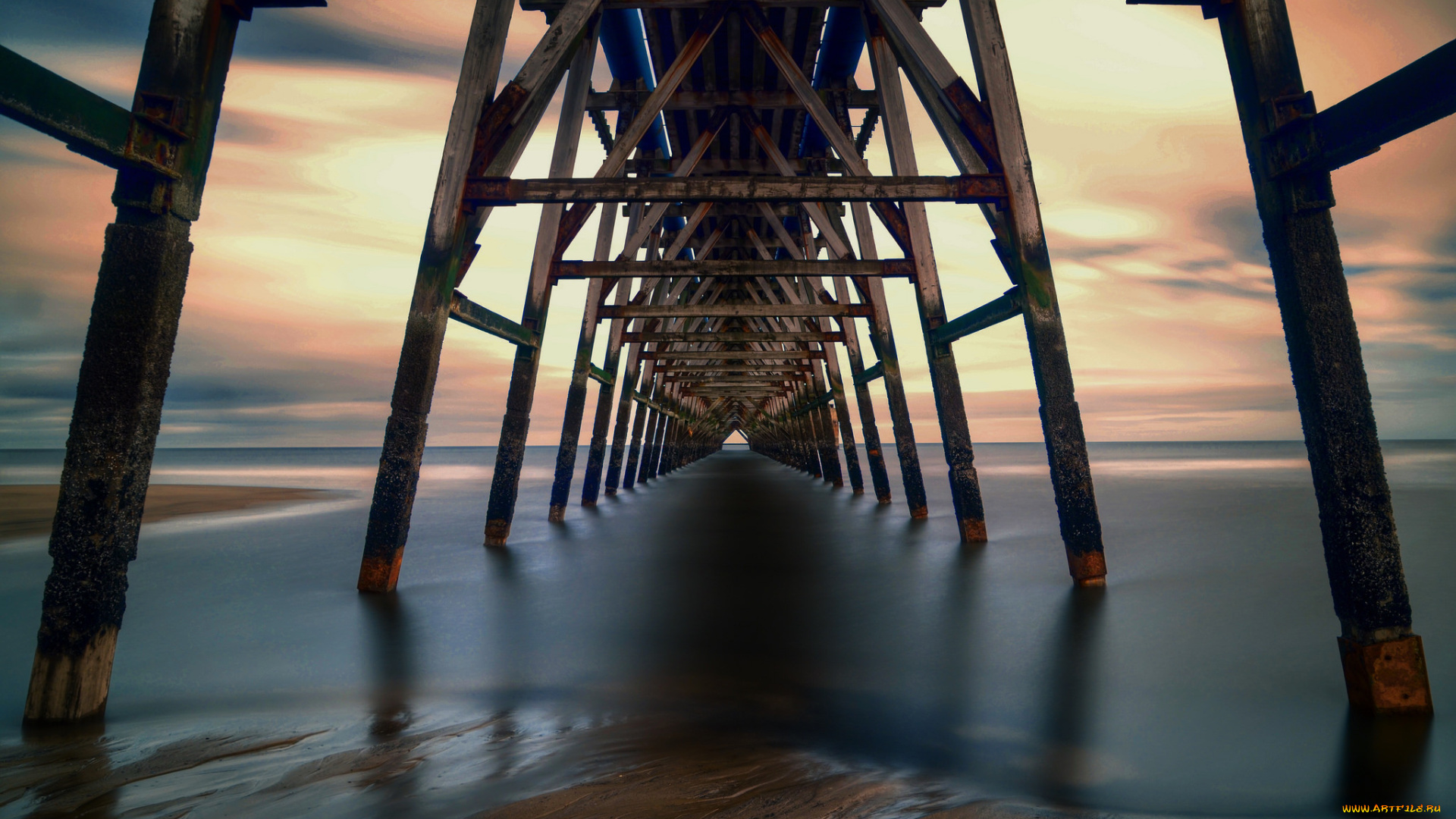 природа, побережье, тучи, мост, океан